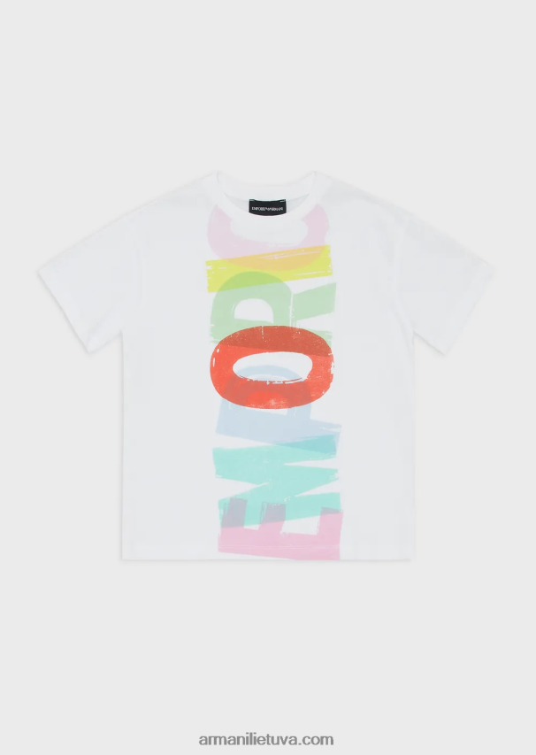 mergina baltas Armani ekologinio trikotažo negabaritinis marškinėliai su oversized brushstroke logotipu 02482X2559