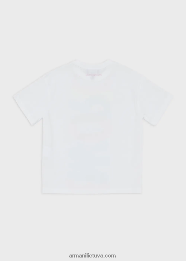 mergina baltas Armani ekologinio trikotažo negabaritinis marškinėliai su oversized brushstroke logotipu 02482X2559