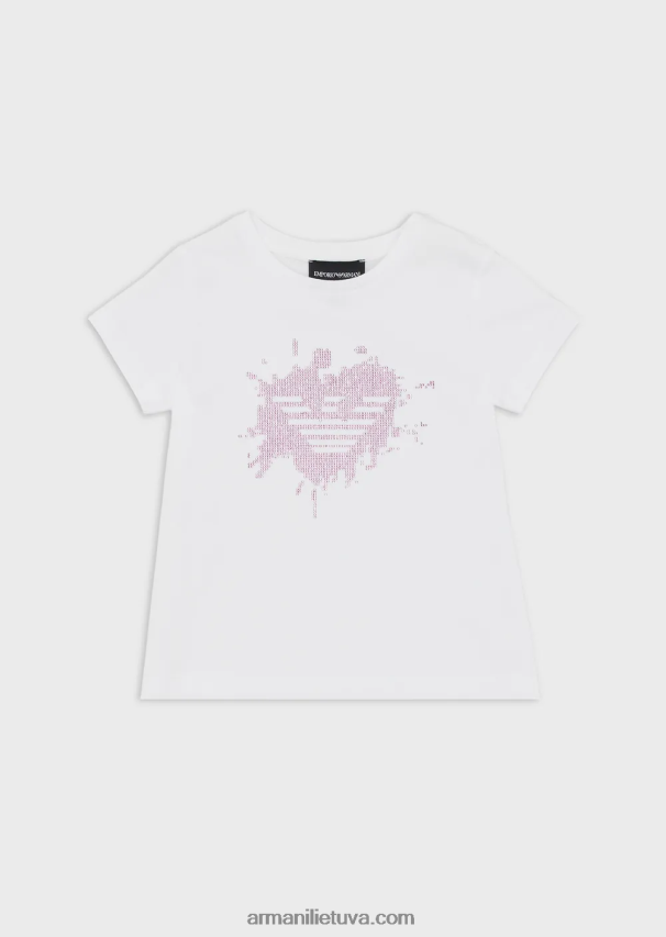 mergina baltas Armani trikotažiniai marškinėliai su kontrastingu kalnų krištolo ereliu 02482X2564