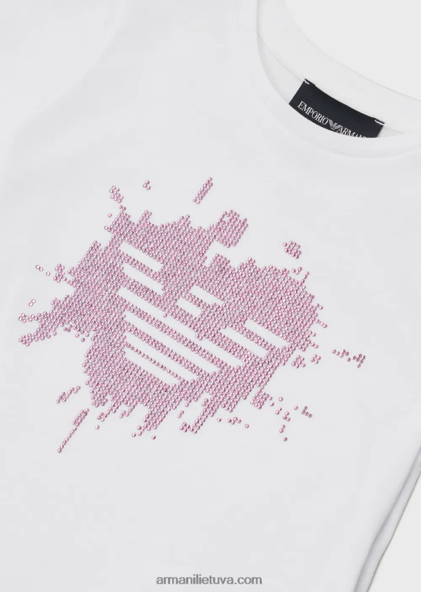 mergina baltas Armani trikotažiniai marškinėliai su kontrastingu kalnų krištolo ereliu 02482X2564
