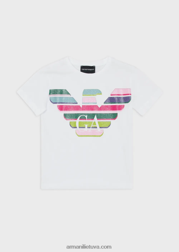 mergina baltas logotipas Armani trikotažiniai marškinėliai su blizgančiu logotipu 02482X2556