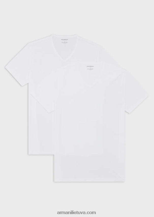 vyrų baltas Armani dvi pakuotės įprasto prigludimo grynos medvilnės apatinių marškinėlių su V formos iškirpte 02482X1816