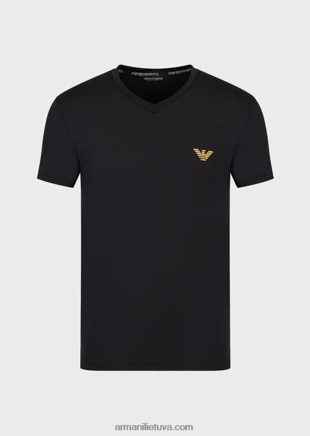 vyrų juodas Armani Apatiniai marškinėliai iš mikropluošto V formos iškirpte 02482X1812