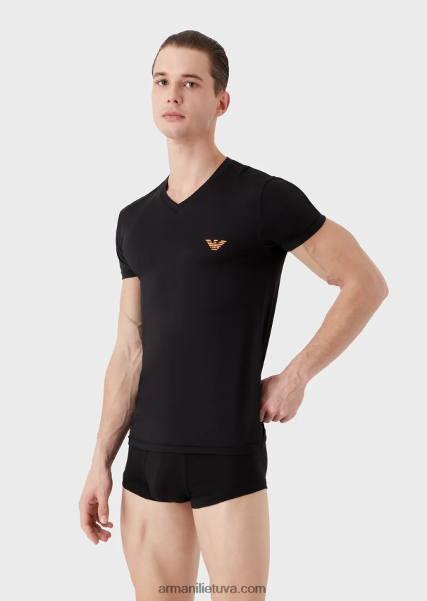 vyrų juodas Armani Apatiniai marškinėliai iš mikropluošto V formos iškirpte 02482X1812
