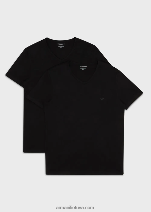 vyrų juodas Armani dvi pakuotės įprasto prigludimo grynos medvilnės apatinių marškinėlių su V formos iškirpte 02482X1817