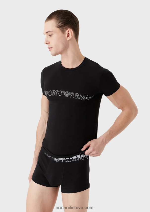 vyrų juodas Armani ekologiškos medvilnės apatiniai marškinėliai ir trumpikės su megalogu 02482X1803