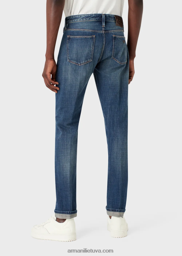 vyrų mėlyna Armani j75 ploni vintažinio skalbimo džinsai su apvadu 02482X1163