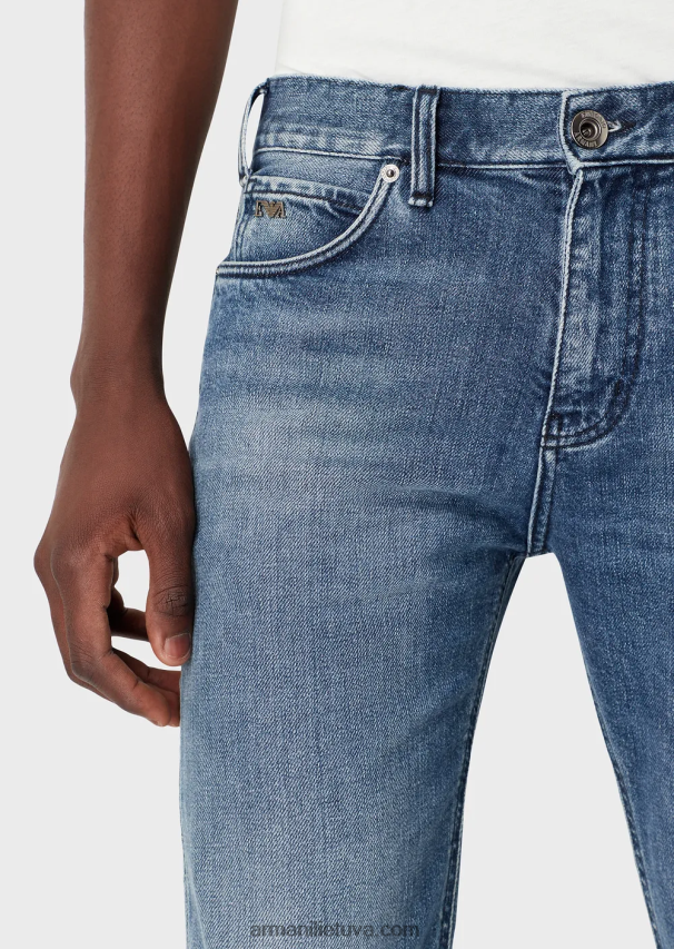 vyrų vidutinio mėlynumo Armani j16 ploni, akmenimi skalbti vintažinės išvaizdos džinsiniai džinsai 02482X1173