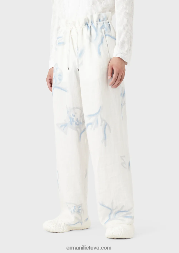 vyrų baltas Armani lininės kelnės su koralų raštais 02482X1459