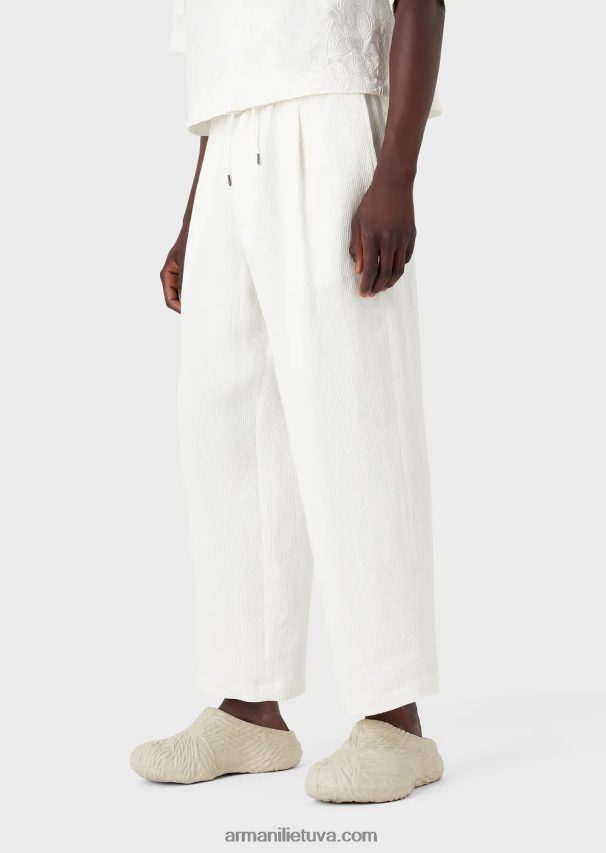 vyrų baltas Armani raištelės kelnės iš lino mišinio grosgrain 02482X1492