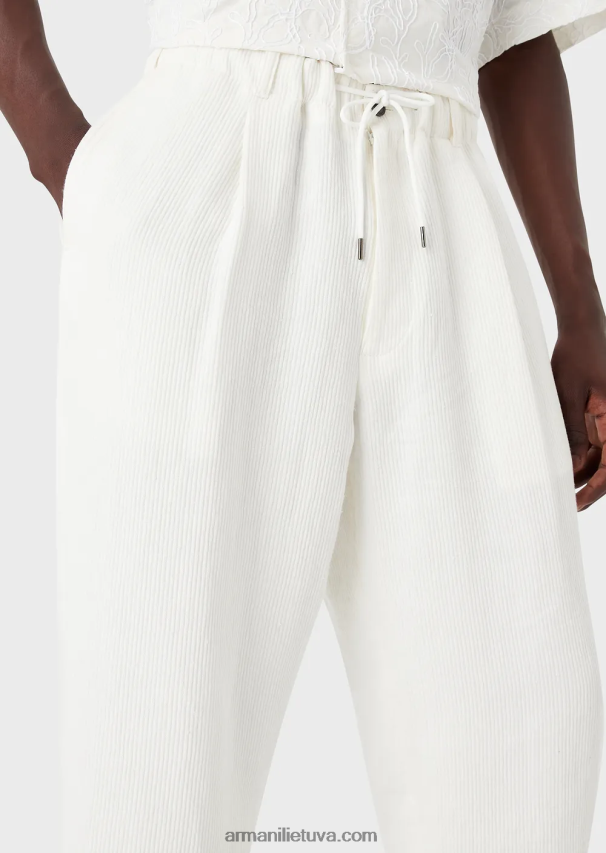 vyrų baltas Armani raištelės kelnės iš lino mišinio grosgrain 02482X1492