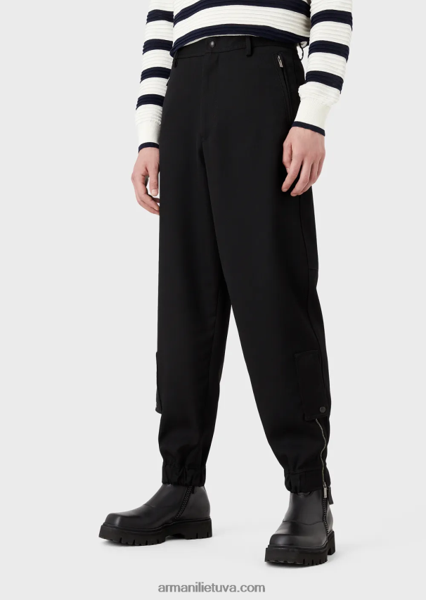 vyrų juodas Armani itin lengvos grynos vilnos kelnės su elastingais kulkšnių rankogaliais 02482X1498