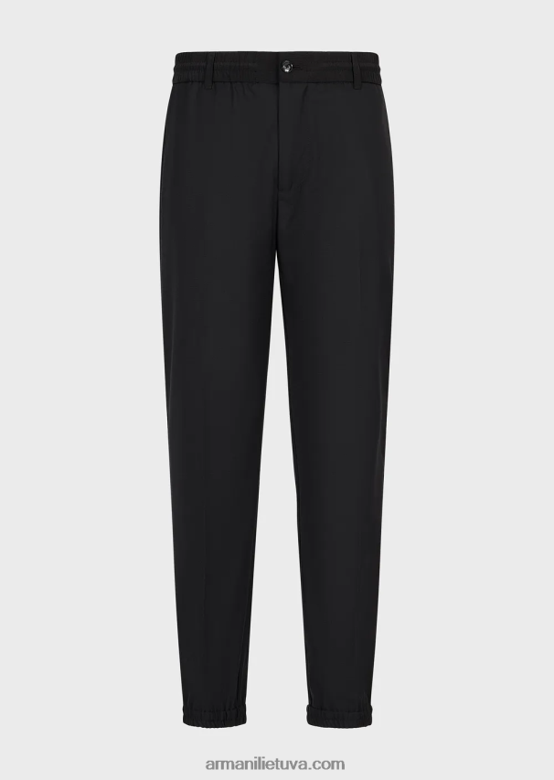 vyrų juodas Armani ripstop vilnos mišinio kelnės su elastingais rankogaliais ant kulkšnies 02482X1483