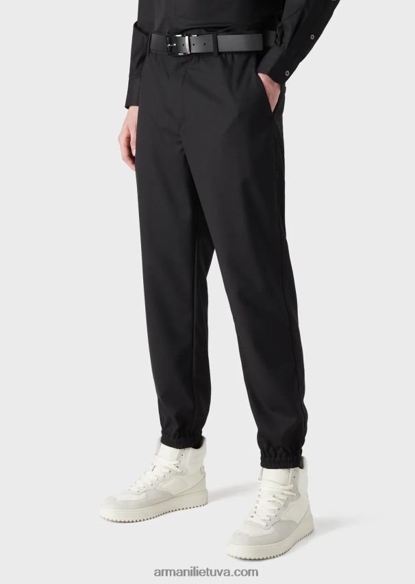 vyrų juodas Armani ripstop vilnos mišinio kelnės su elastingais rankogaliais ant kulkšnies 02482X1483