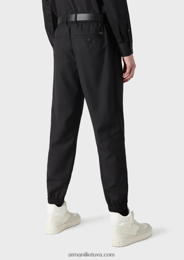 vyrų juodas Armani ripstop vilnos mišinio kelnės su elastingais rankogaliais ant kulkšnies 02482X1483
