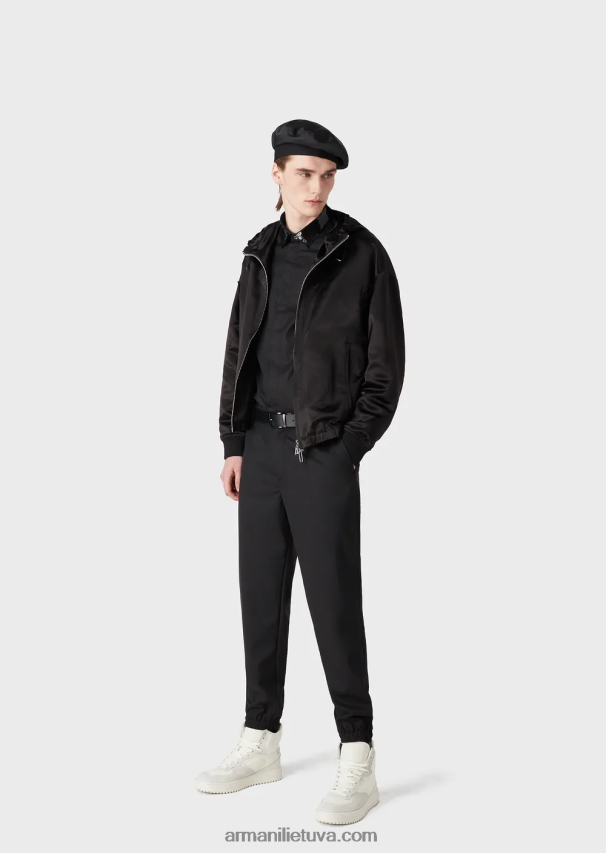 vyrų juodas Armani ripstop vilnos mišinio kelnės su elastingais rankogaliais ant kulkšnies 02482X1483