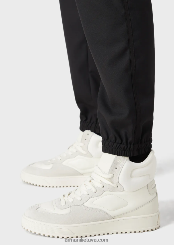 vyrų juodas Armani ripstop vilnos mišinio kelnės su elastingais rankogaliais ant kulkšnies 02482X1483