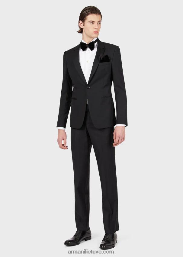 vyrų juodas Armani šukuotinės nekaltos vilnos kelnės 02482X1513