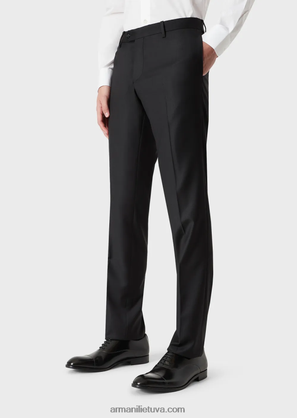 vyrų juodas Armani šukuotinės nekaltos vilnos raukšlėtos kelnės 02482X1450