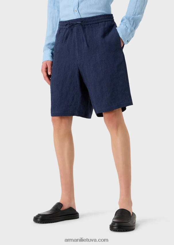 vyrų mėlyna Armani išblukęs linas su krepinės tekstūros raišteliu lentos šortai su raišteliu 02482X1511