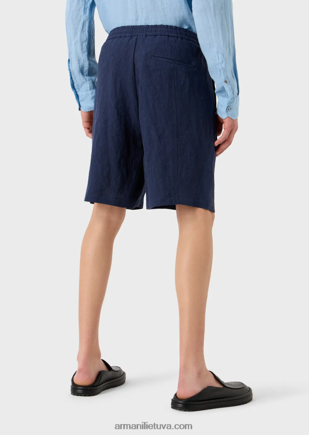 vyrų mėlyna Armani išblukęs linas su krepinės tekstūros raišteliu lentos šortai su raišteliu 02482X1511