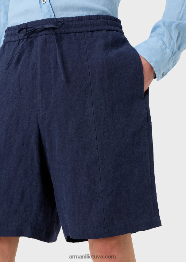 vyrų mėlyna Armani išblukęs linas su krepinės tekstūros raišteliu lentos šortai su raišteliu 02482X1511