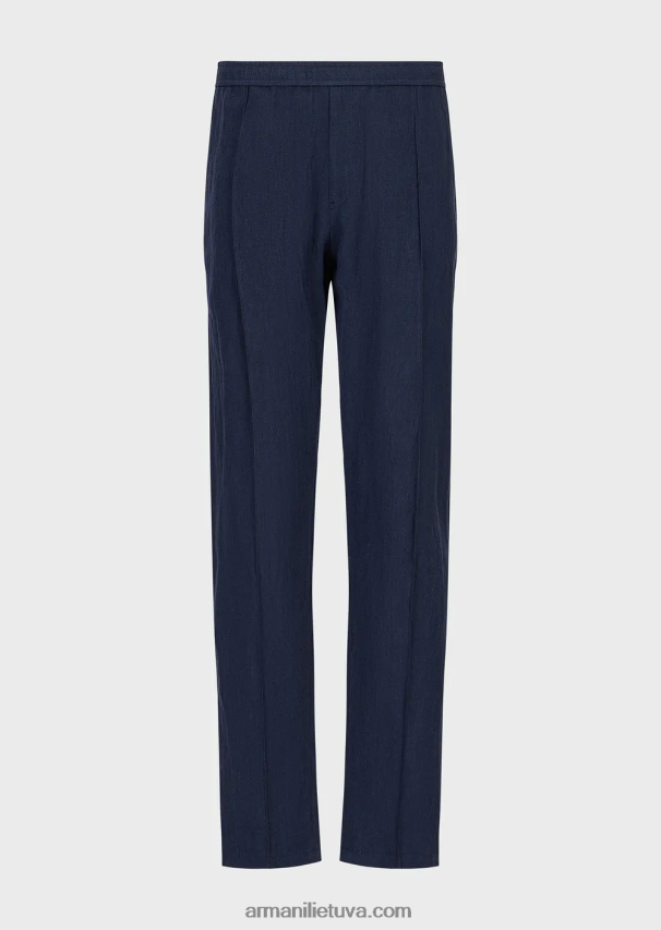 vyrų mėlyna Armani krepo efekto išblukusios lininės kelnės su raišteliu 02482X1500