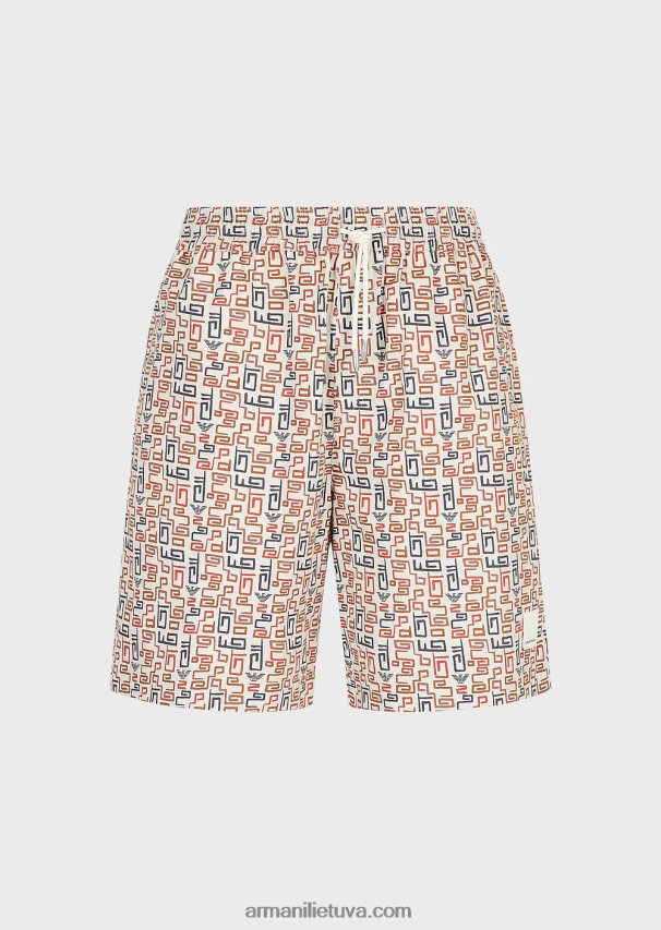 vyrų modelis Armani tvarios kolekcijos ekologinės ruoželinės spalvos dideli šortai su raišteliu su visapusišku raštu 02482X1518