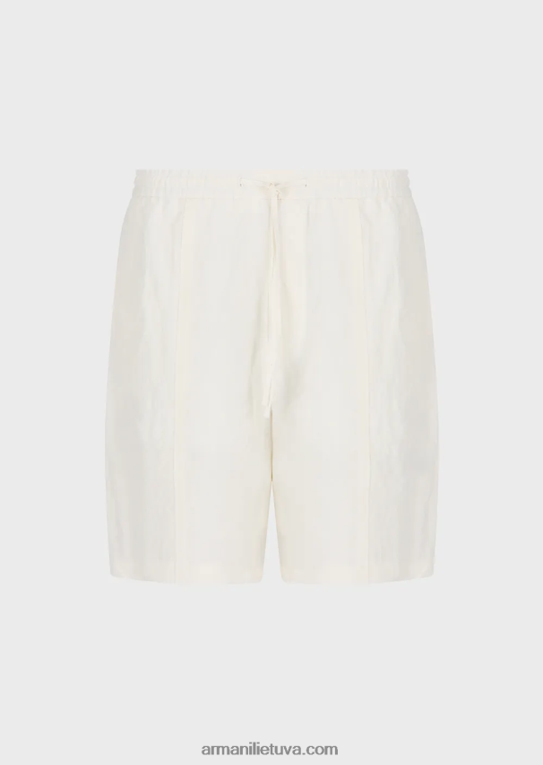 vyrų pieno baltumo Armani išblukęs linas su krepinės tekstūros raišteliu lentos šortai su raišteliu 02482X1510