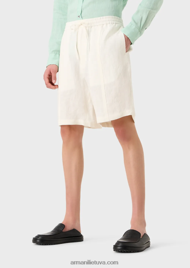 vyrų pieno baltumo Armani išblukęs linas su krepinės tekstūros raišteliu lentos šortai su raišteliu 02482X1510