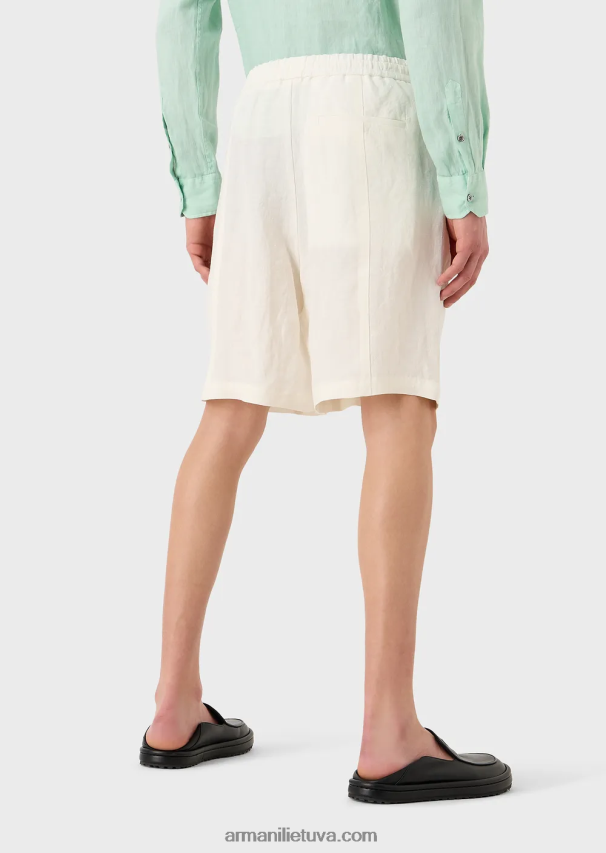 vyrų pieno baltumo Armani išblukęs linas su krepinės tekstūros raišteliu lentos šortai su raišteliu 02482X1510
