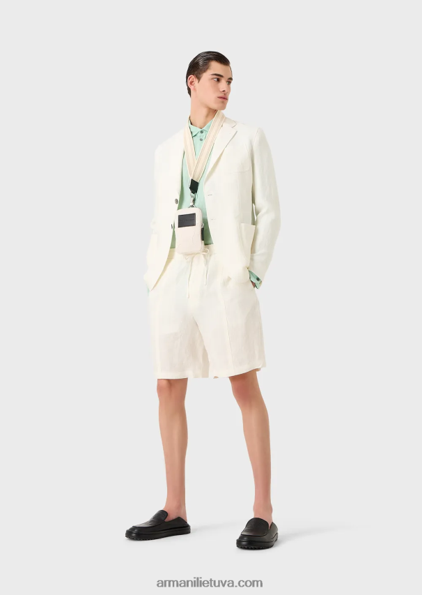 vyrų pieno baltumo Armani išblukęs linas su krepinės tekstūros raišteliu lentos šortai su raišteliu 02482X1510