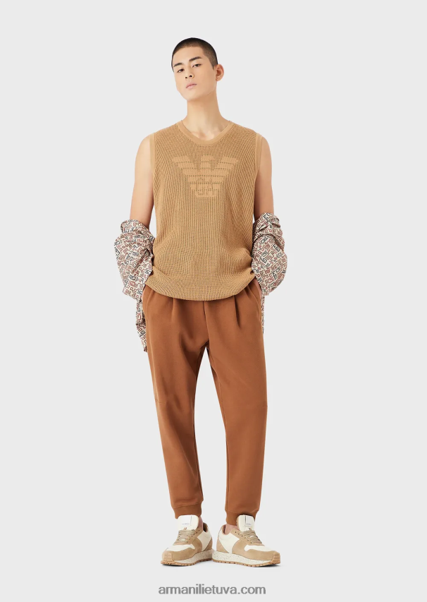 vyrų smėlio spalvos Armani tvarios kolekcijos glotnios apdailos ekologiški džersio ir vilnos bėgikai 02482X1435
