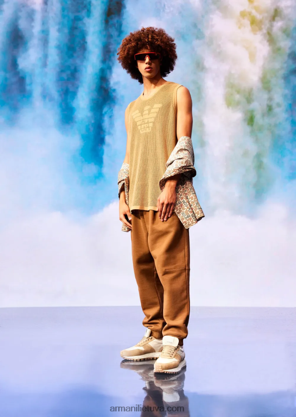 vyrų smėlio spalvos Armani tvarios kolekcijos glotnios apdailos ekologiški džersio ir vilnos bėgikai 02482X1435