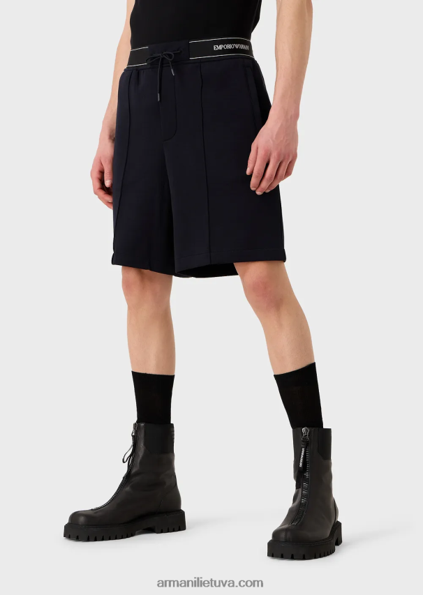 vyrų tamsiai mėlyna Armani dvigubo trikotažo šortai su raišteliu ir logotipu 02482X1400