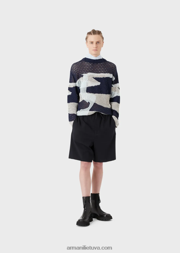 vyrų tamsiai mėlyna Armani dvipusės tamprios techninės nailoninės kelnės su elastingais rankogaliais 02482X1402