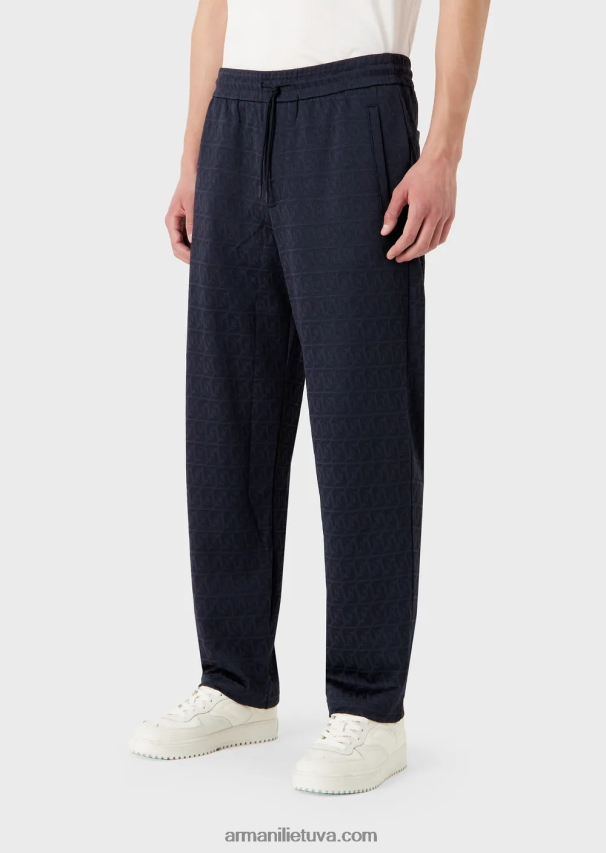 vyrų tamsiai mėlyna Armani trikotažinės raištelių kelnės su įspaustu žakardo stilizuotu ereliu 02482X1399