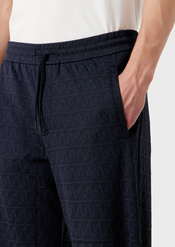 vyrų tamsiai mėlyna Armani trikotažinės raištelių kelnės su įspaustu žakardo stilizuotu ereliu 02482X1399