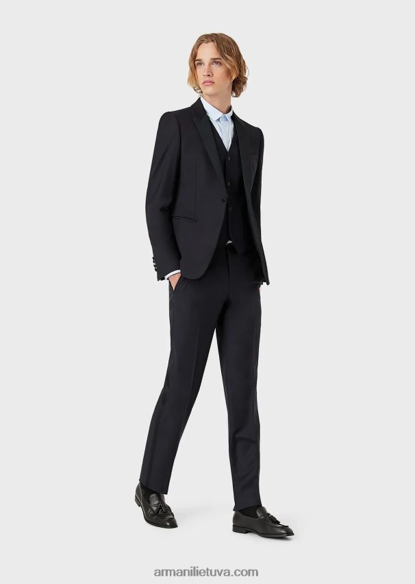 vyrų tamsiai mėlyna Armani šukuotinės nekaltos vilnos kelnės 02482X1512