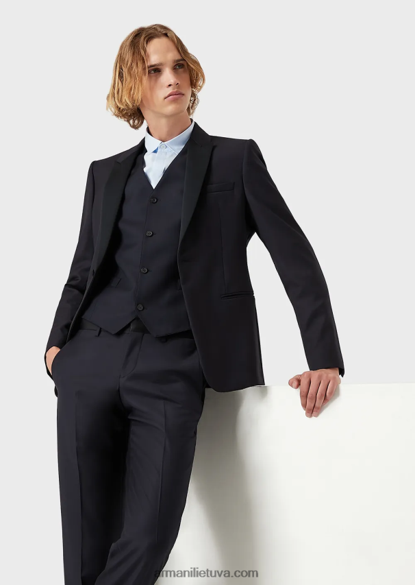 vyrų tamsiai mėlyna Armani šukuotinės nekaltos vilnos kelnės 02482X1512