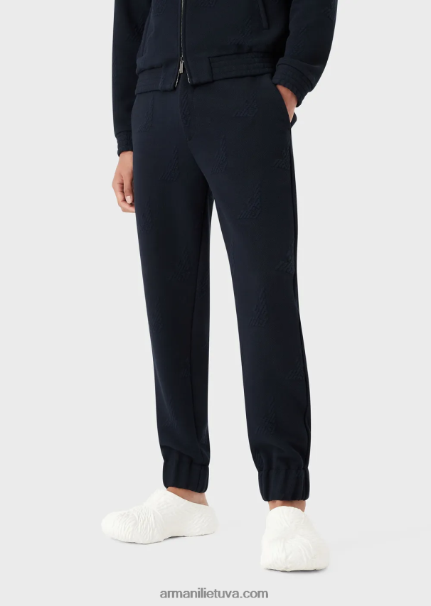 vyrų tamsiai mėlyna Armani viso reljefo erelio trikotažo kelnės su elastingais kulkšnių rankogaliais 02482X1385