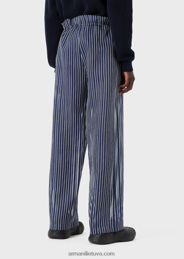 vyrų vidurnakčio mėlyna Armani Sutraukiamos kelnės iš lengvo dryžuoto šilko mišinio satino 02482X1487