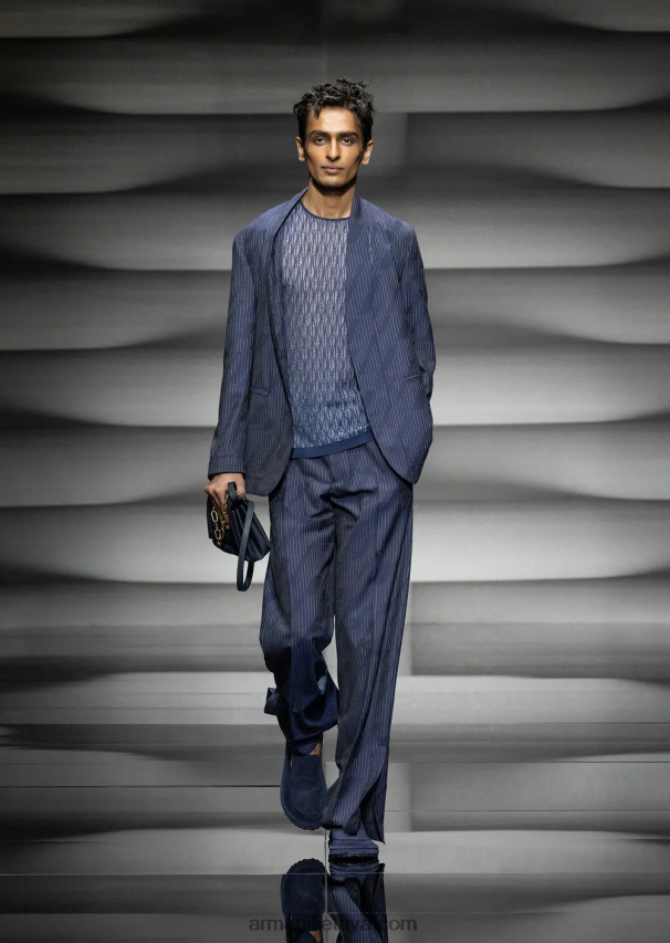 vyrų vidurnakčio mėlyna Armani chinos iš fil coupe dryžuoto džinsinio efekto audinio 02482X1494