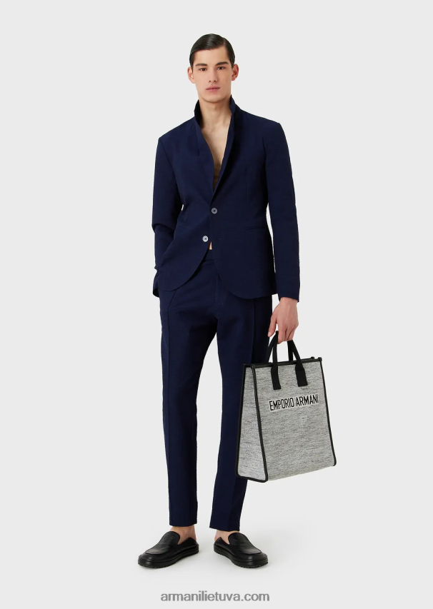 vyrų vidurnakčio mėlyna Armani margintos techninės seersucker kelnės su elastiniu juosmeniu 02482X1473