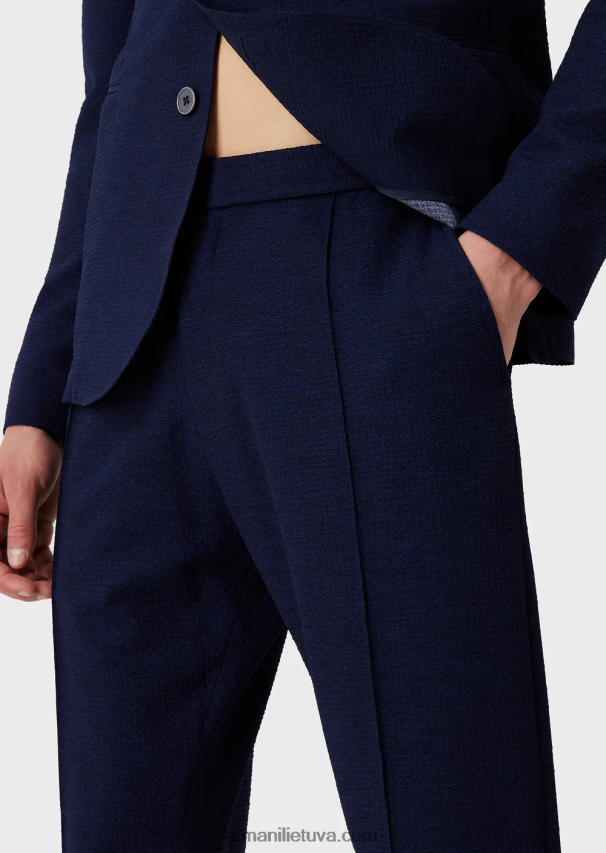 vyrų vidurnakčio mėlyna Armani margintos techninės seersucker kelnės su elastiniu juosmeniu 02482X1473