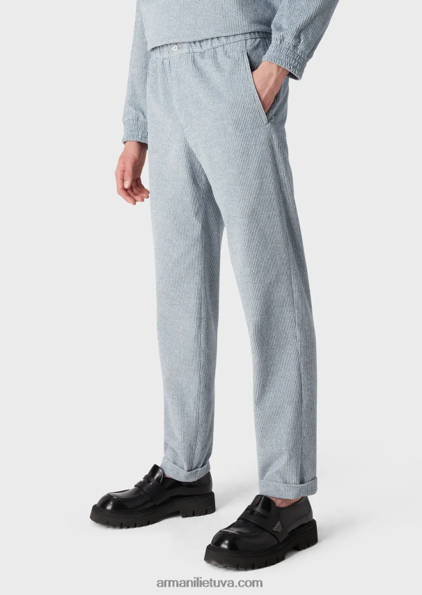 vyrų žydros spalvos Armani džinsinio efekto margintos aksominės kelnės su elastiniu juosmeniu 02482X1408