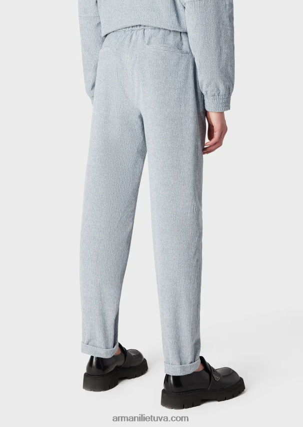 vyrų žydros spalvos Armani džinsinio efekto margintos aksominės kelnės su elastiniu juosmeniu 02482X1408