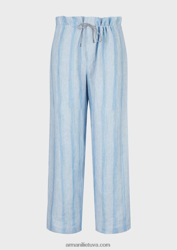 vyrų žydros spalvos Armani gryno lino kelnės su raišteliu su akvareliniu dryžuotu raštu 02482X1488