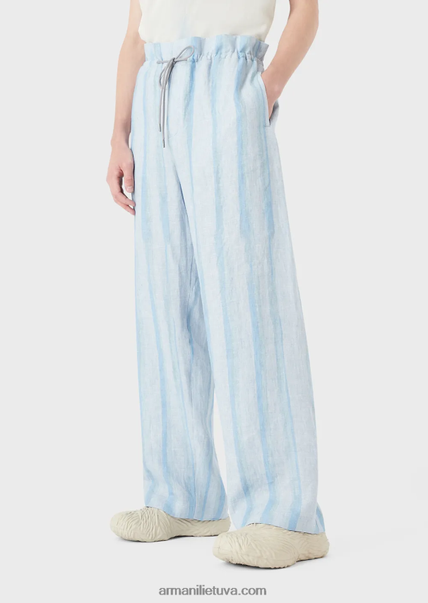 vyrų žydros spalvos Armani gryno lino kelnės su raišteliu su akvareliniu dryžuotu raštu 02482X1488