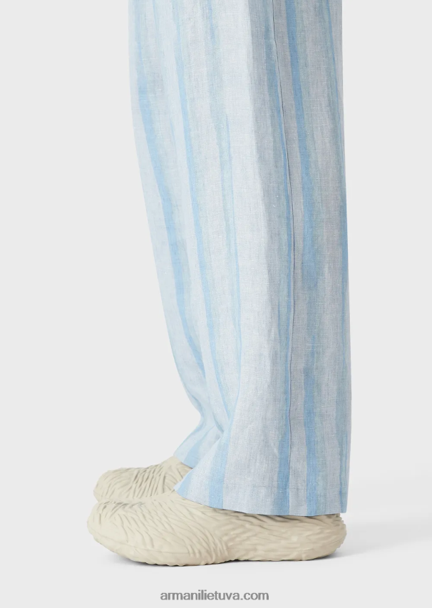 vyrų žydros spalvos Armani gryno lino kelnės su raišteliu su akvareliniu dryžuotu raštu 02482X1488